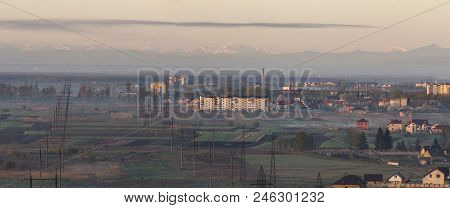 Wide Panorama, Aerial View Of Ivano-frankivsk City, Ukraine. Scene Of Modern Tourist City With Tall 