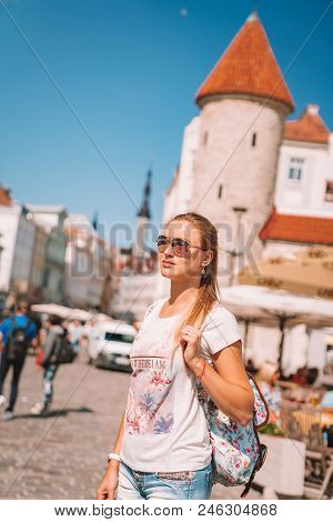 June 10, 2018. Tallinn, Estonia. Young Girl Exploring Tallinn City Including Old Town, Modern Distri