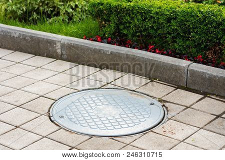 Metal Sewer Hatch Near The Flower Bed With Flowers