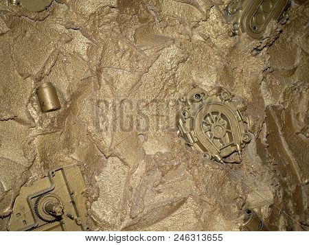 Mashine Parts As Decor On The Wall. Creative Textures. Abstract Background. Creative Modern Decor Fo