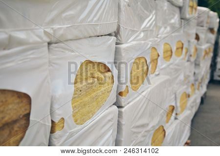 The Texture Of Mineral Wool For Insulating The Walls. Warehouse Of Products Ready For Import