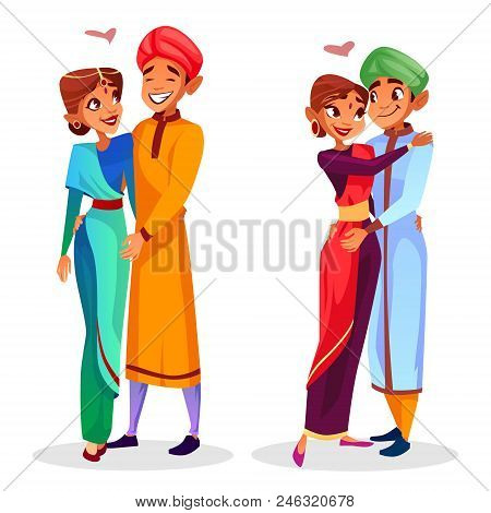 Vector Cartoon Indian Couples Hugging Expressing Love, Togetherness Set. Happy Men, Women In Ethnic 