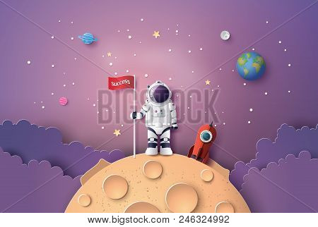 Astronaut With Flag On The Moon, Paper Art And Digital Craft Style.