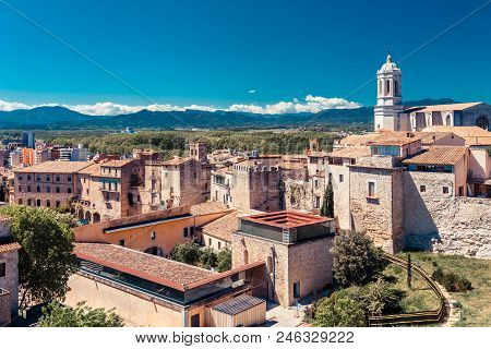 Top Aerial View On Girona, Catalonia, Spain. Scenic And Colorful Ancient Town. Famous Tourist Resort