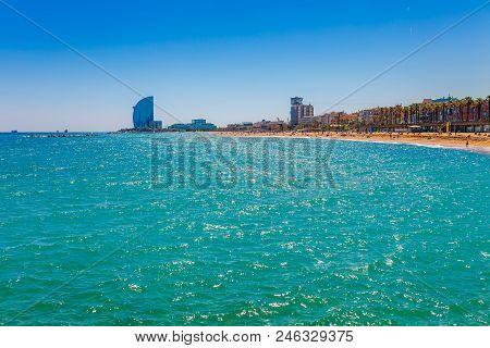 Barceloneta Beach In Barcelona. Nice Sand Beach With Palms. Sunny Bright Day With Blue Sky. Famous T