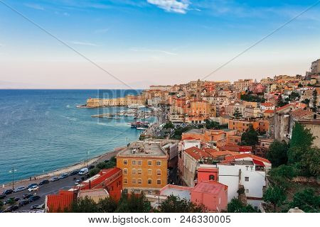 Panoramic Sea Landscape With Gaeta, Lazio, Italy. Scenic Historical Town With Old Buildings, Ancient