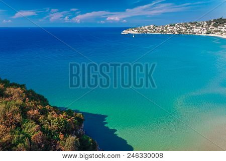 Panoramic Sea Landscape With Gaeta, Lazio, Italy. Scenic Historical Town With Old Buildings, Ancient