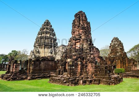 Three Pagoda, Stone Castle Of Phimai History Park, Thailand.