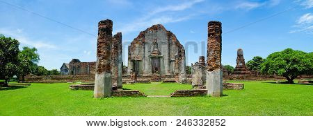 Panorama View Front, History Of Wat Phra Sri Rattana Mahathat Temple In Lopburi, Thailand.