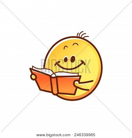 Smiley Face Reading Book - Cute Smiling Yellow Emoticon Ball With Opened Red Book Isolated On White 