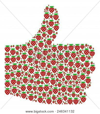 Approved Composition Built With Strawberry Objects In Various Sizes. Abstract Vector Thumb Up Repres