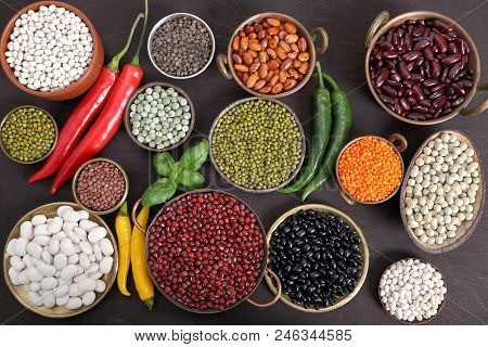 Beans, Peas And Lentils In Metal Bowls. Super Food.