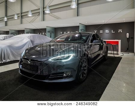 Tilburg, Netherlands - May 31, 2018: New Tesla Car In Factory Tesla Tilburg.. Tesla Motors Assembly 