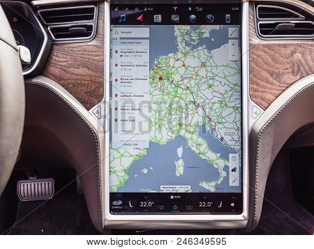 Urmond, Netherlands - May 31, 2018: Dashboard. Large Display With Infographics. Tesla Moles S 100d. 