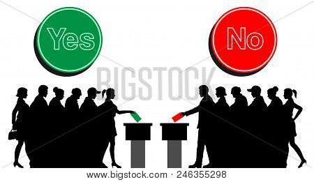 Voters Crowd Silhouette By Voting For Election With Yes And No Signs. All The Silhouette Objects, Ic