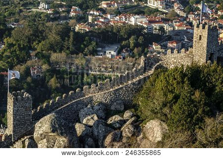 Long Shot Of Castle Of Moors Walls In Sintra, Portugal
