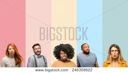 Cool group of people, woman and man making funny face fooling