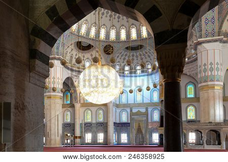 Ankara / Turkey - JUNE 19 2018: Kocatepe Mosque interior details. The Mosque is the biggest one in Ankara and a tourist magnet with its architectural details.