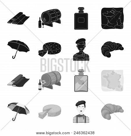 Umbrella, Traditional, Cheese, Mime .france Country Set Collection Icons In Black, Monochrome Style 