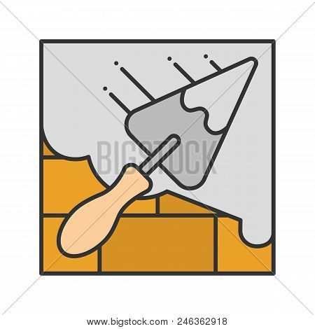 Brick Wall With Triangular Shovel Color Icon. Cement Solution. Putty Knife, Spatula. Isolated Vector
