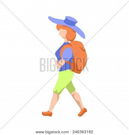 Backpacker Girl In Hat, Flat Style Vector Illustration On White Background. Travelling Woman With Ba