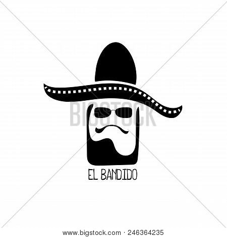 El Bandido Vector Logo With Man Head In Sombrero. Mexican Logotype With Character. Black White Vecto
