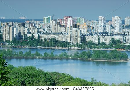 Landscape View Of Dnipro River And Its Left Bank On The Over Side With New Buildings In Residential 