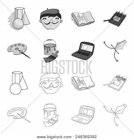 A Palette With A Brush, A Bucket With A Paint Brush, A Computer, A Tool, A Pen.artist And Drawing Se