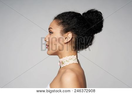 Beauty Closeup Profile Portrait Of Beautiful Mixed Race Caucasian - African American Woman Wearing C