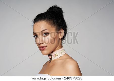 Beauty Closeup Profile Portrait Of Beautiful Mixed Race Caucasian - African American Woman Wearing C
