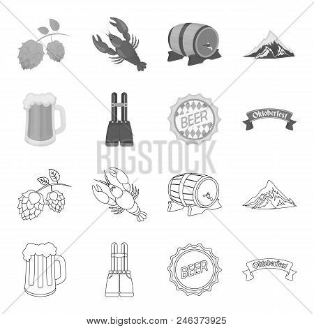 Shorts With Suspenders, A Glass Of Beer, A Sign, An Emblem. Oktoberfest Set Collection Icons In Outl