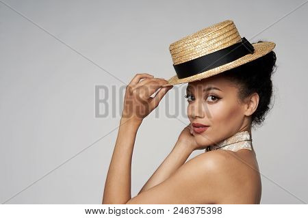 Closeup Of Beautiful Playful Mixed Race Caucasian - African American Woman Wearing Chocker And Canot