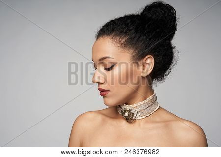 Beauty Closeup Profile Portrait Of Beautiful Mixed Race Caucasian - African American Woman Wearing C