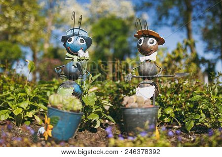 Two Decorative Garden Funny Cute Sweet Ants In Hat, Bow Tie With Shovel In Flower Pot With Cactus De