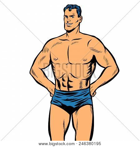 Man Swimmer In Swimming Trunks. Isolate On White Background. Pop Art Retro Vector Vintage Kitsch Ill