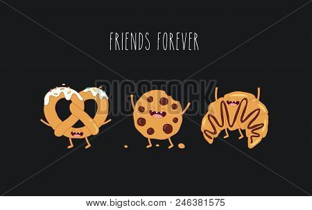 Animated Croissant, Pretzel And Cookie Rejoice And Laugh. Vector Illustration.
