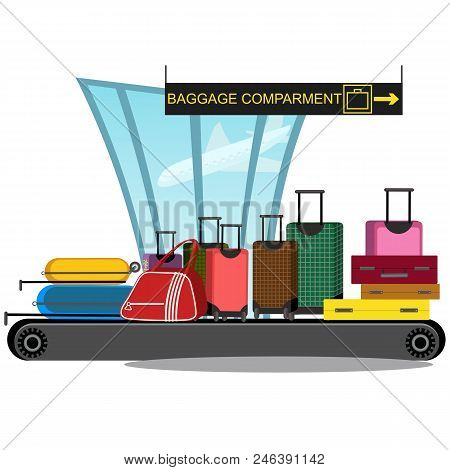 Airport Conveyor Belt With Passenger Luggage Bags Vector Illustration. Baggage And Suitcase Transpor