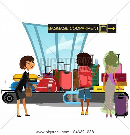 Airport Conveyor Belt With Passengers Take Luggage Bags Vector Illustration. Man And Woman Taking Ba