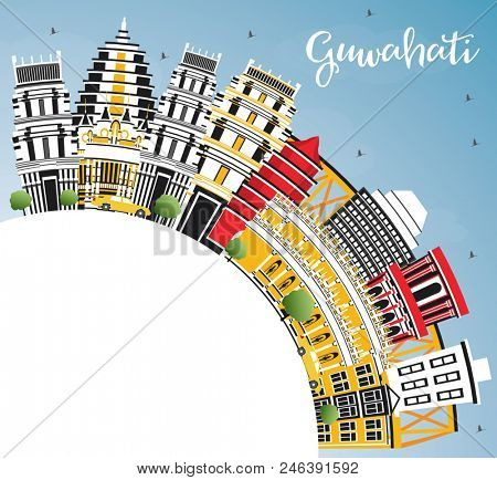 Guwahati India City Skyline with Color Buildings, Blue Sky and Copy Space. Business Travel and Tourism Concept with Historic Architecture. Guwahati Cityscape with Landmarks.
