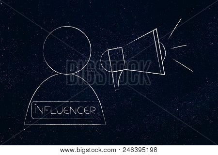 Social Media Marketing Conceptual Illustration: Influencer User With Megaphone Symbol Of Digital Con