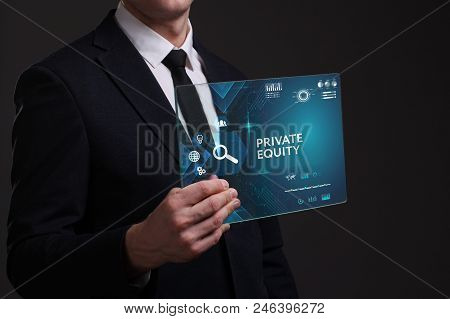Business, Technology, Internet And Network Concept. Young Businessman Working On A Virtual Screen Of