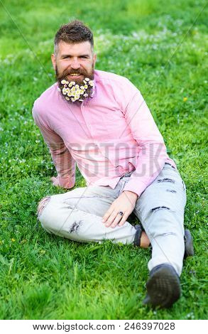 Man With Beard On Smiling Face Enjoy Life Without Allergy. Spring Allergy Concept. Bearded Man With 