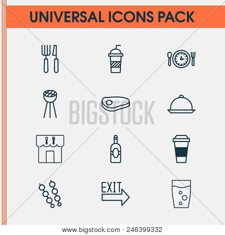 Restaurant Icons Set With Cutlery, Tray, Exit Sign And Other Hooch Elements. Isolated Vector Illustr
