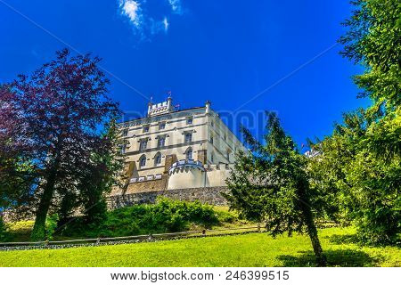Scenic View At Old Historical Castle In Northern Croatia, Trakoscan, Croatian Tourist Resort.