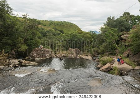 Royal Natal National Park, South Africa - March 14, 2018: Unidentified Tourists Relaxing At The Casc