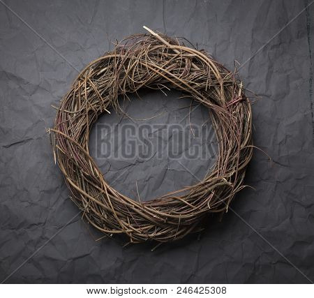 Red Easter Background. Easter Willow Wreath On Red Background. Top View, Copy Space, Toned.