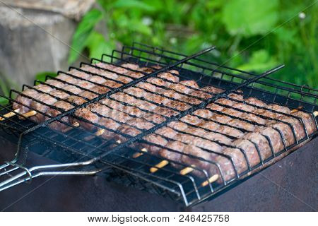Lulya Kebab From Meat Are Prepared In The Grill.