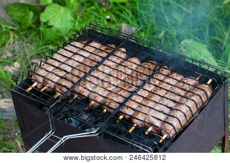 Lulya Kebab From Meat Are Prepared In The Grill.