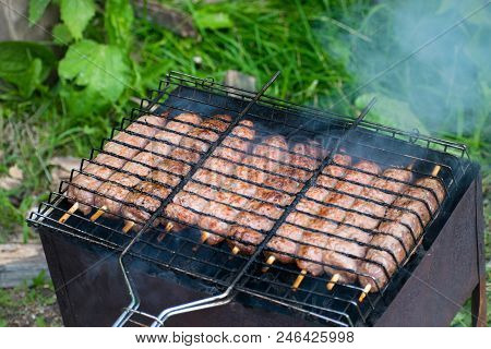 Lulya Kebab From Meat Are Prepared In The Grill.