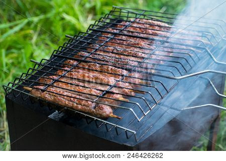 Lulya Kebab From Meat Are Prepared In The Grill.